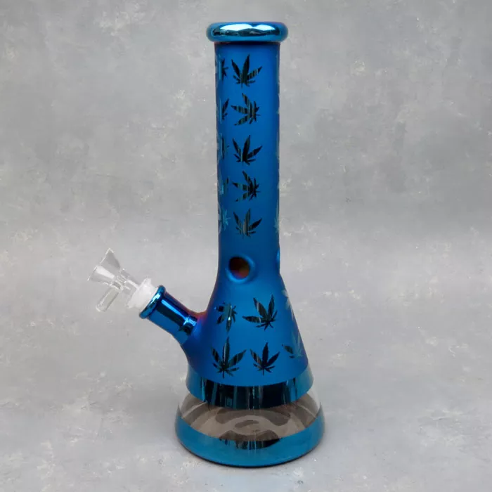 10.5″ Beaker Style Metallic LV Leaf Pattern Glass Water Pipe w/Ice Catch & Diffused Downstem