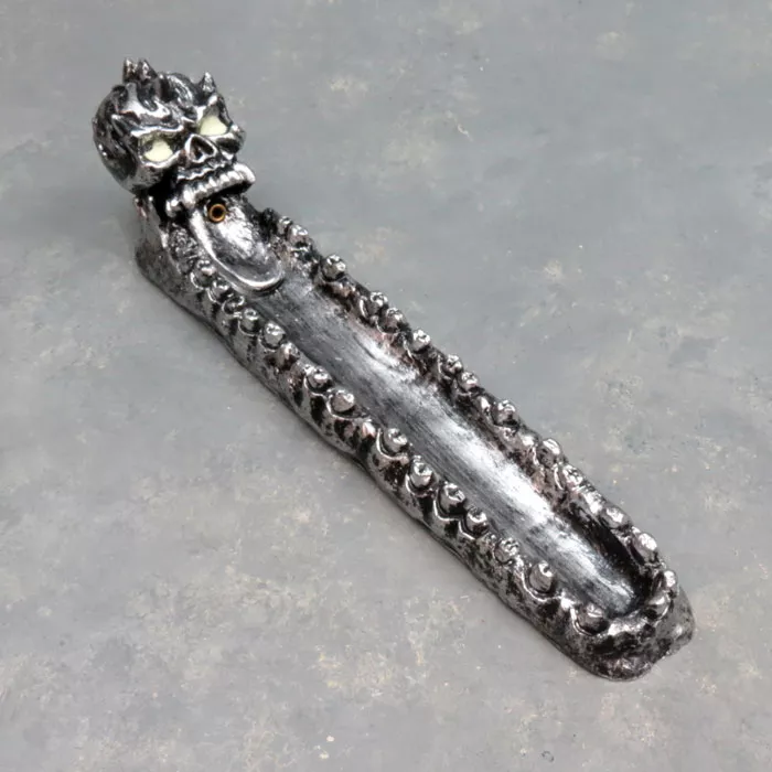 10.5″ Silver Skull w/Teeth & Glow-in-the-Dark Eyes Incense Burner