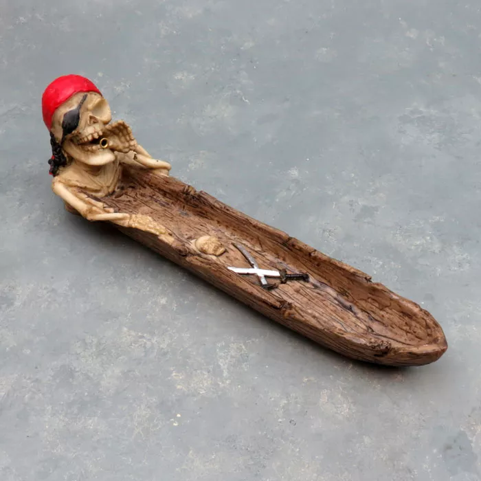 10.5″ Smoking Pirate Skeleton w/Jolly Roger Boat Incense Burner