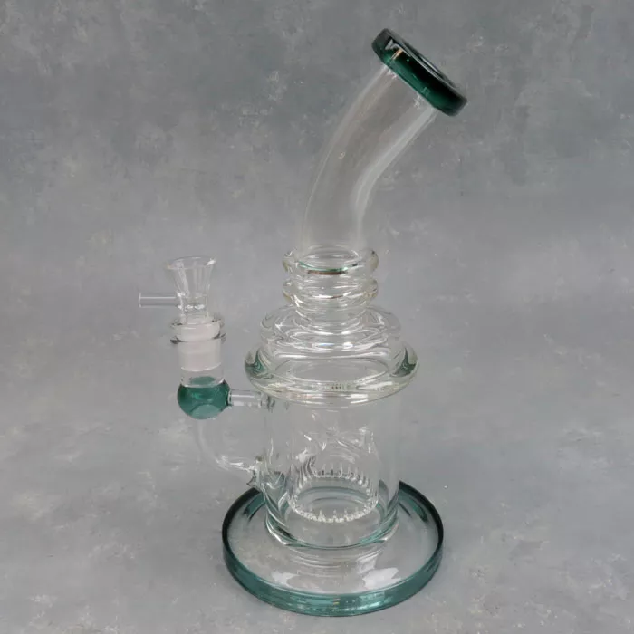 10″ Inverted Showerhead Perc Color Accent Ringed Rig Glass Water Pipe w/Bent Mouthpiece