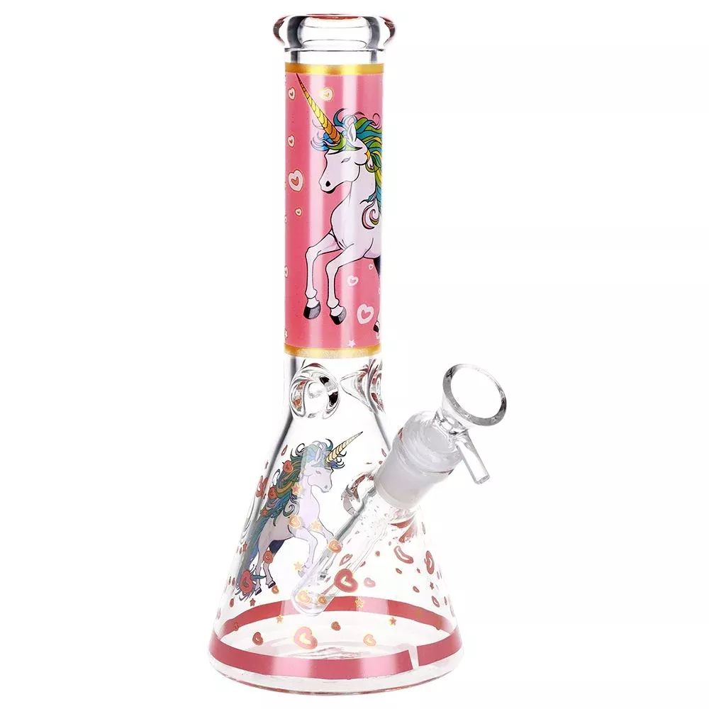 10" Pink Unicorn Design Beaker Glass Bong with Ice Catcher