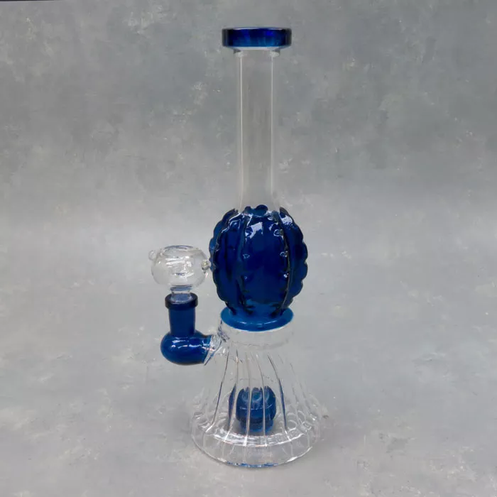 10″ Puck Perc Inside Out Fluting Glass Water Pipe w/Gourd Bulge & Color Accent