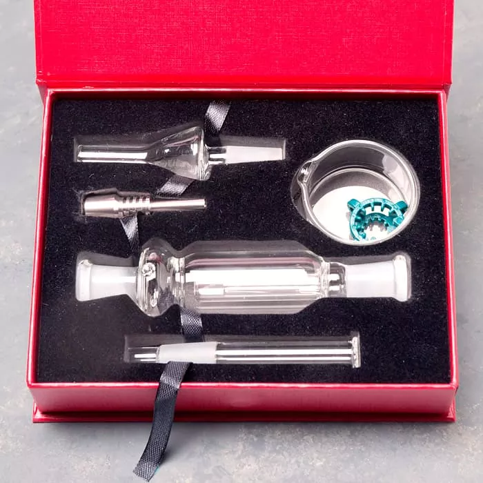 10mm 4″ Dome Perc Nectar Collector Kit w/Titanium/Quartz Nails, Glass Bucket, and Clip