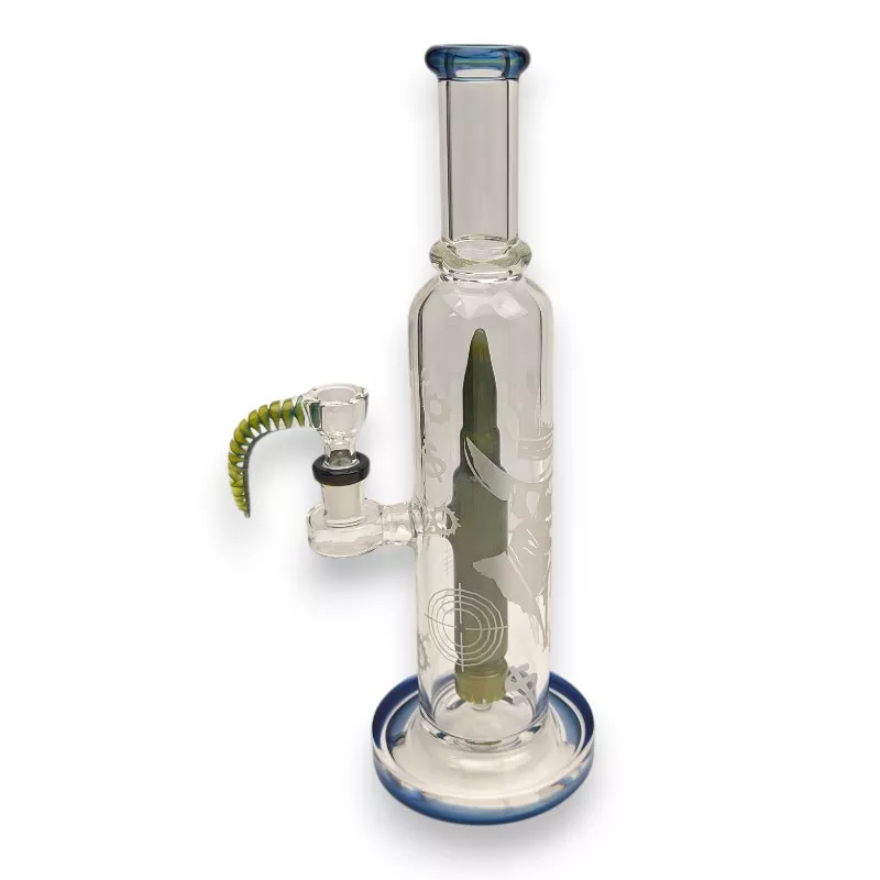 11.5″ Blue/Gray Cartridge Perc Etched Glass Bottle Water Pipe w/Horn Bowl