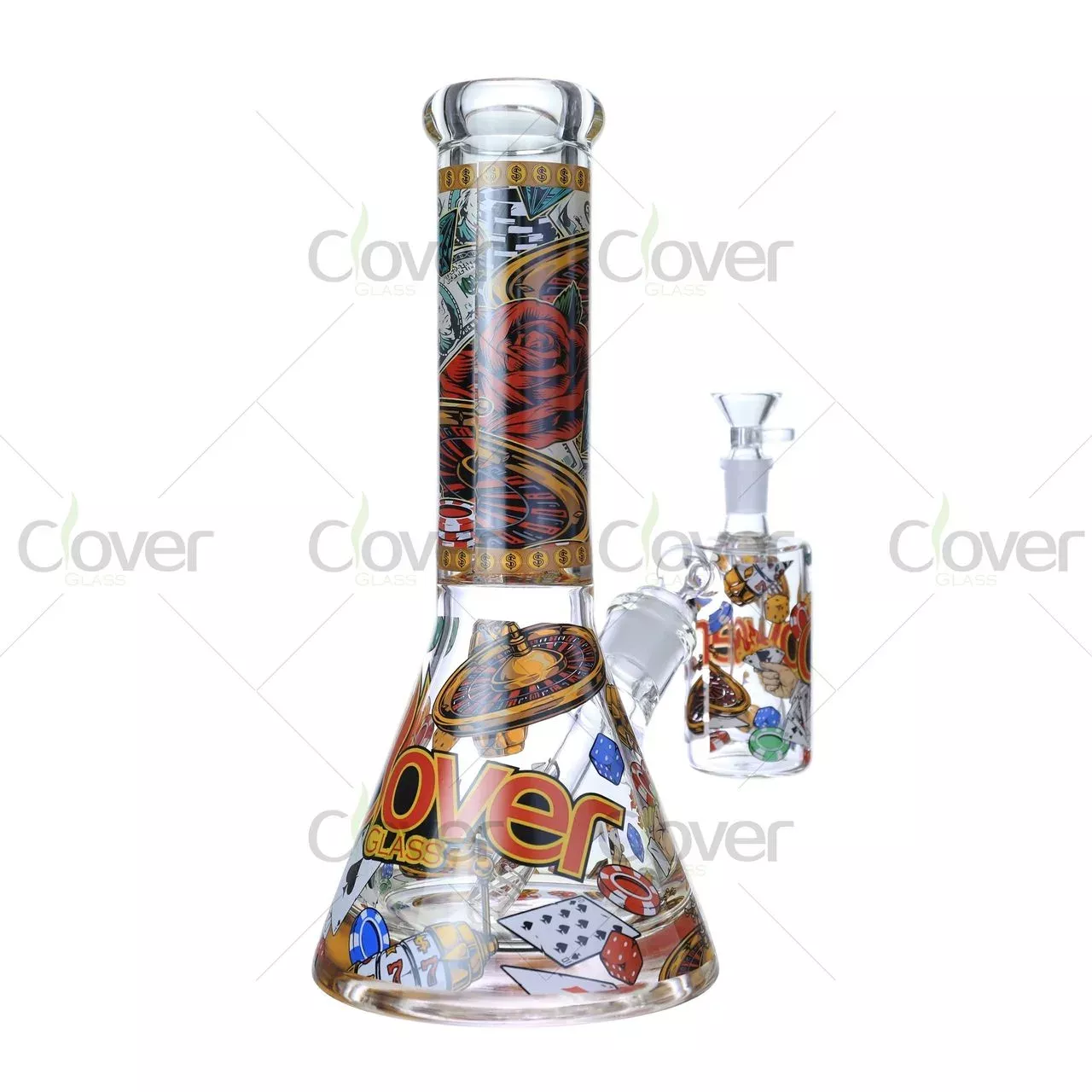 11.81″ Vegas Casino Print Beaker Bong – 9mm Thick Glass Water Pipe with Matching Ash Catcher