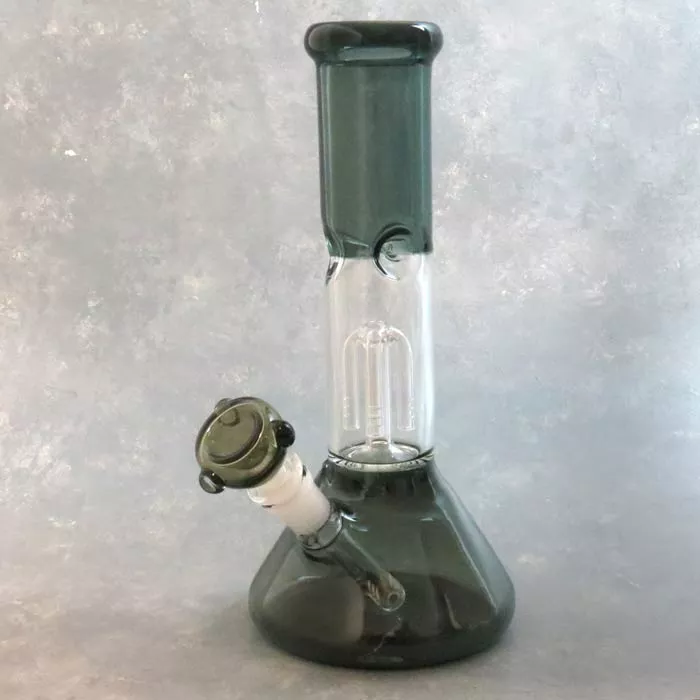 11″ Beaker-Style Two-Tone Smokey Glass Water Pipe w/Tree Perc, Ice Catch, and Diffused Downstem