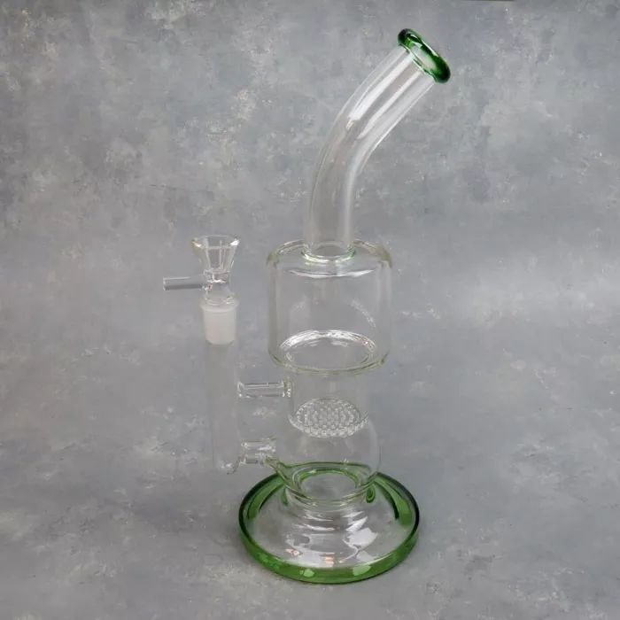 11″ Honeycomb Perc Color Accent Rig-Style Glass Water Pipe w/Bent Mouthpiece