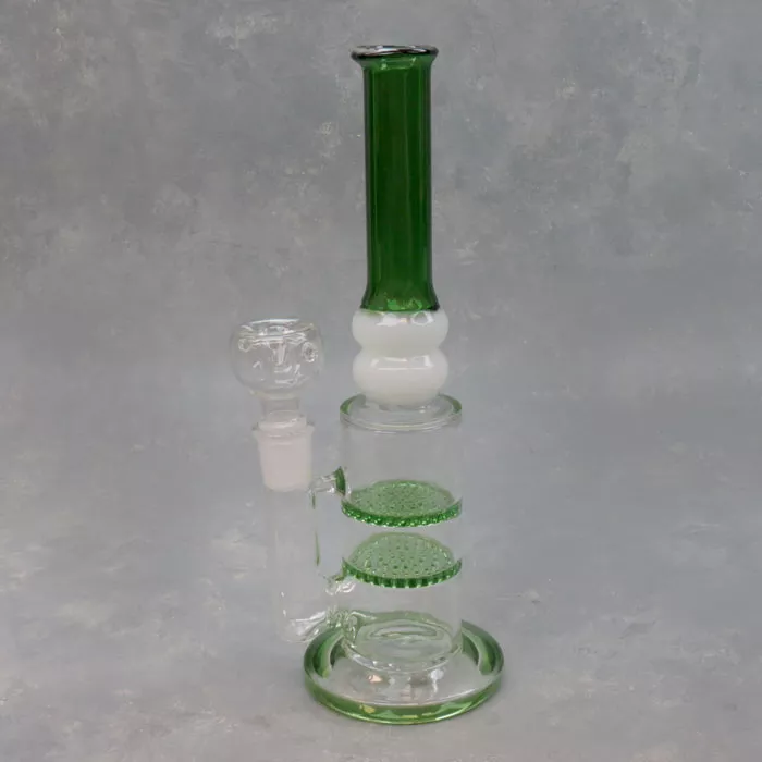 11″ Rig Style Dual Honeycomb Perc Glass Water Pipe w/Narrow Mouthpiece & Opaque/Color Accent