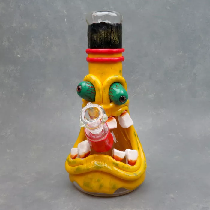 12″ 3D Molded Hand Painted Big Tooth Popping Eyeball Monster Beaker Glass Water Pipe w/Ice Catch and Diffused Downstem