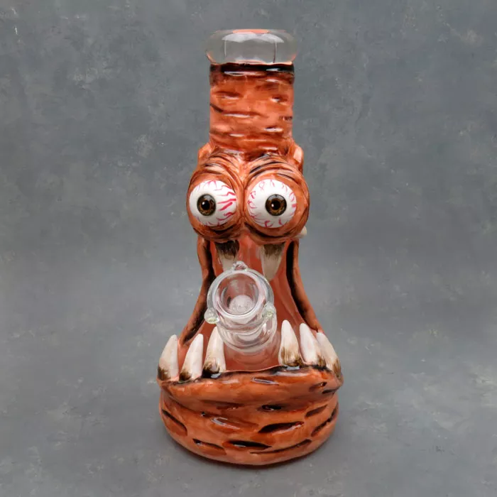 12″ 3D Molded Hand Painted Toothy Eyeball Monster Beaker Glass Water Pipe w/Ice Catch and Diffused Downstem