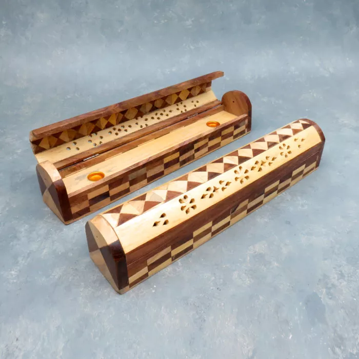 12″ Covered Two-Tone Inlaid Wooden Incense Burners