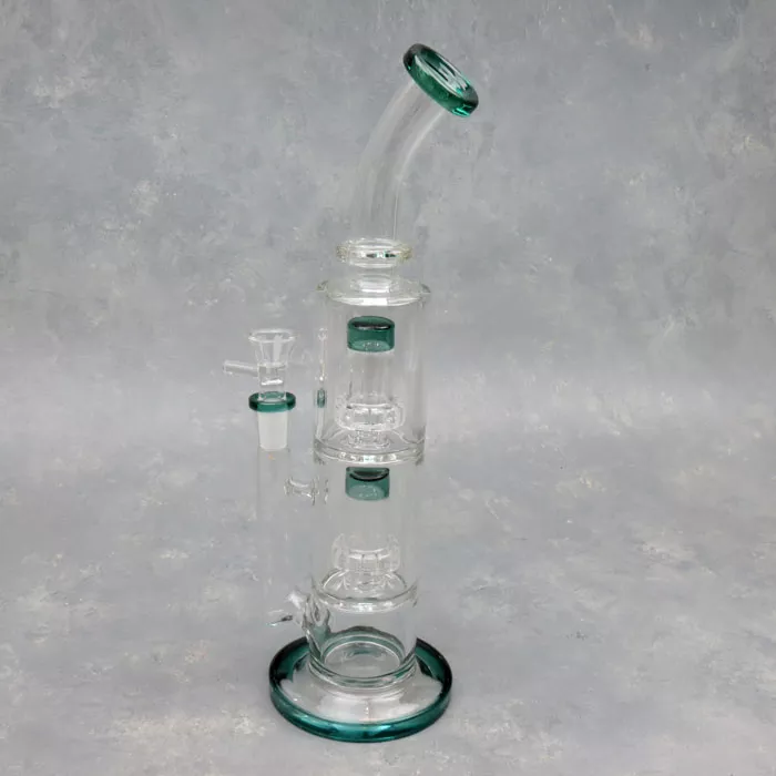 12″ Double UFO Perc Narrow Color Accent Glass Water Pipe w/Ring & Bent Mouthpiece