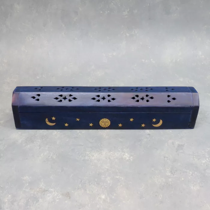 12″ Inlaid Sun & Moon Wooden Box-Style Incense Burners w/Storage (6pcs/pk)
