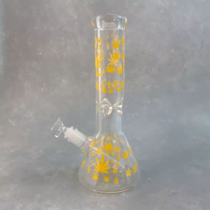 12″ Leaves Pattern Clear Beaker Style Glass Water Pipe w/Ice Catch & Diffused Downstem