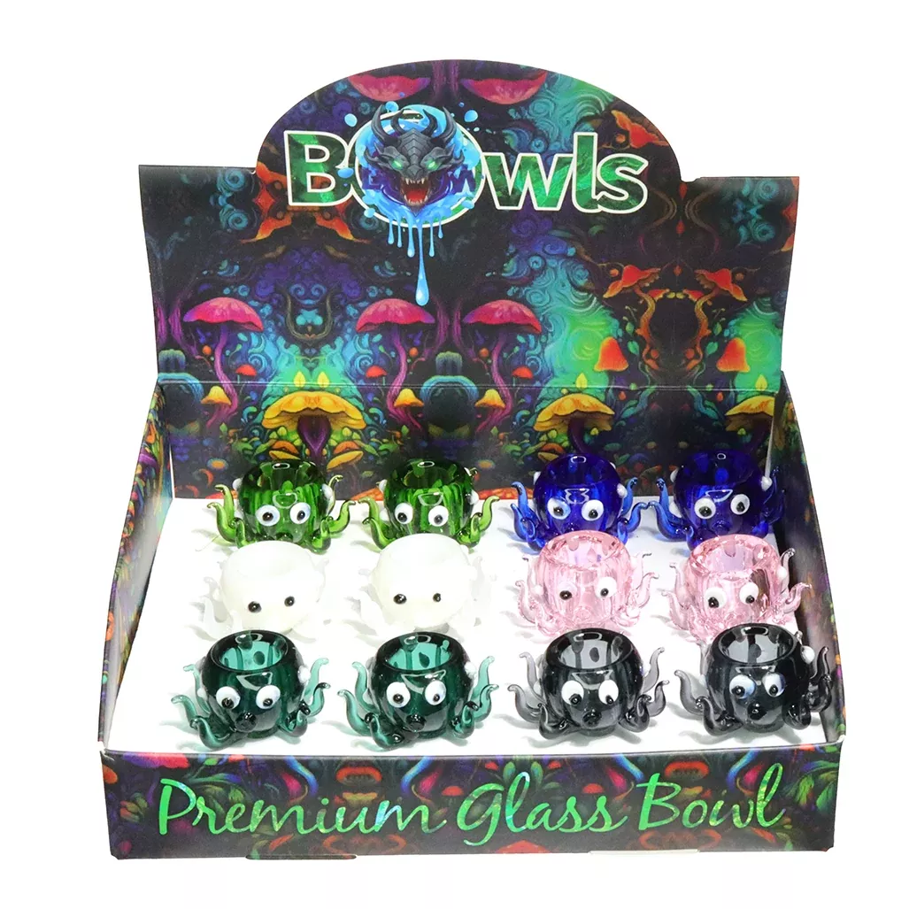 12 PCS – Octopus Design Premium Glass Bowls – Assorted Colors Wholesale Display