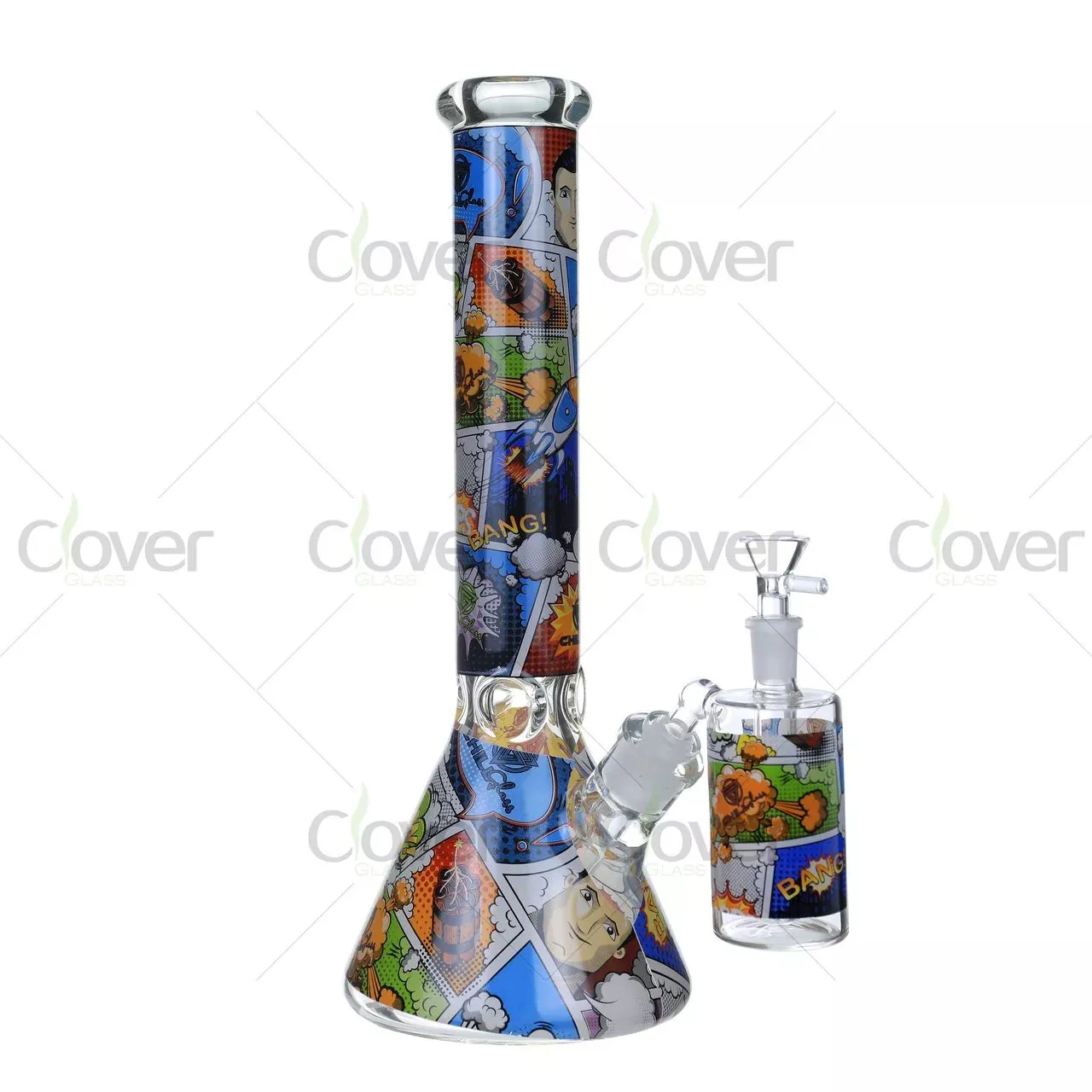 14.9″ Comic-Print Large Beaker Bong with 7mm Thick Glass – Heavy-Duty Water Pipe with Ice Catcher