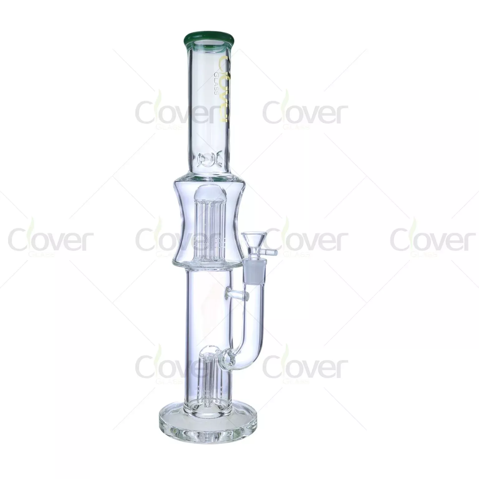15.94″ 5mm Green-Tipped Double Tree Perc Glass Water Pipe | Wholesale Bong