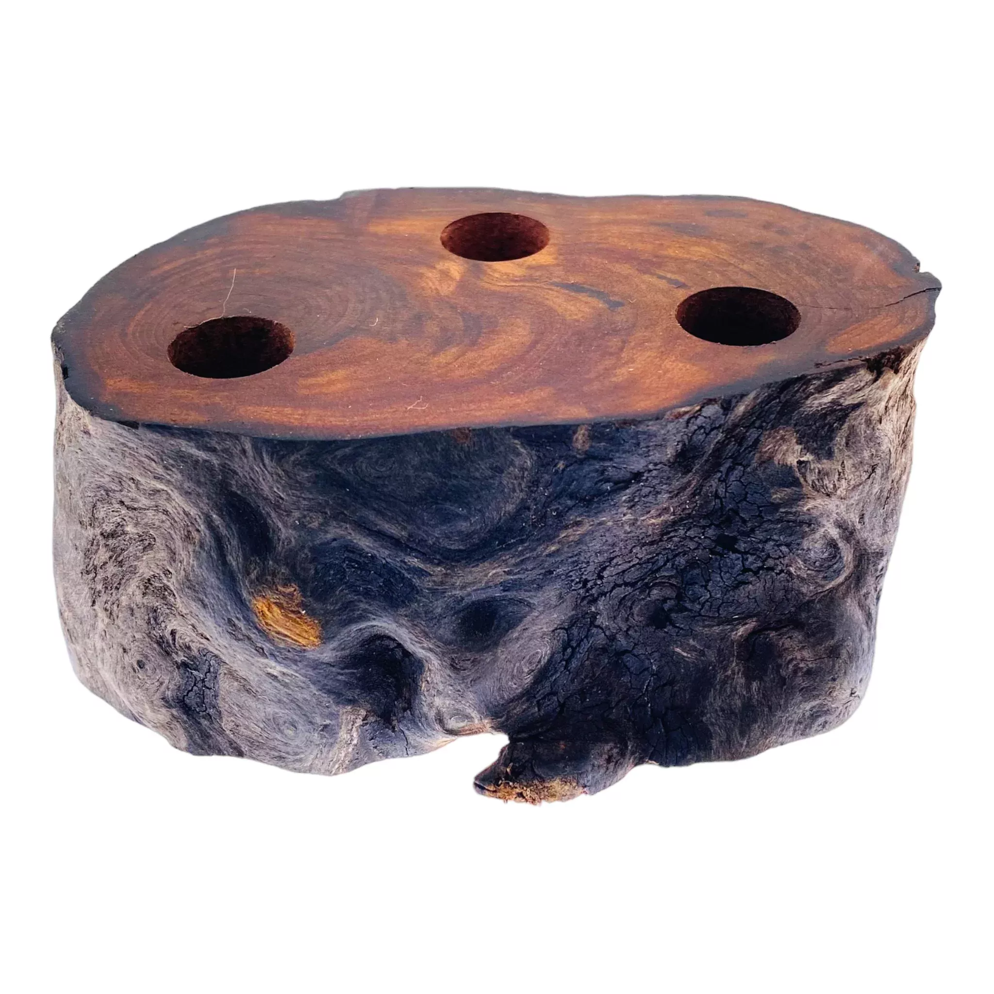3 Hole Wood Display Stand Holder For 14mm Bong Bowl Pieces Or Quartz Bangers - Red Wood Burl With Live Edge