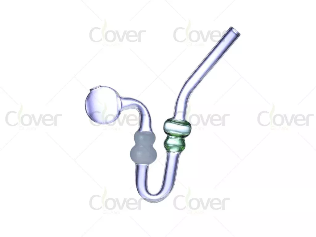 5.71″ Bent Neck Glass Oil Burner Pipe with Double Bubble Chamber – Clear & Green Borosilicate Glass