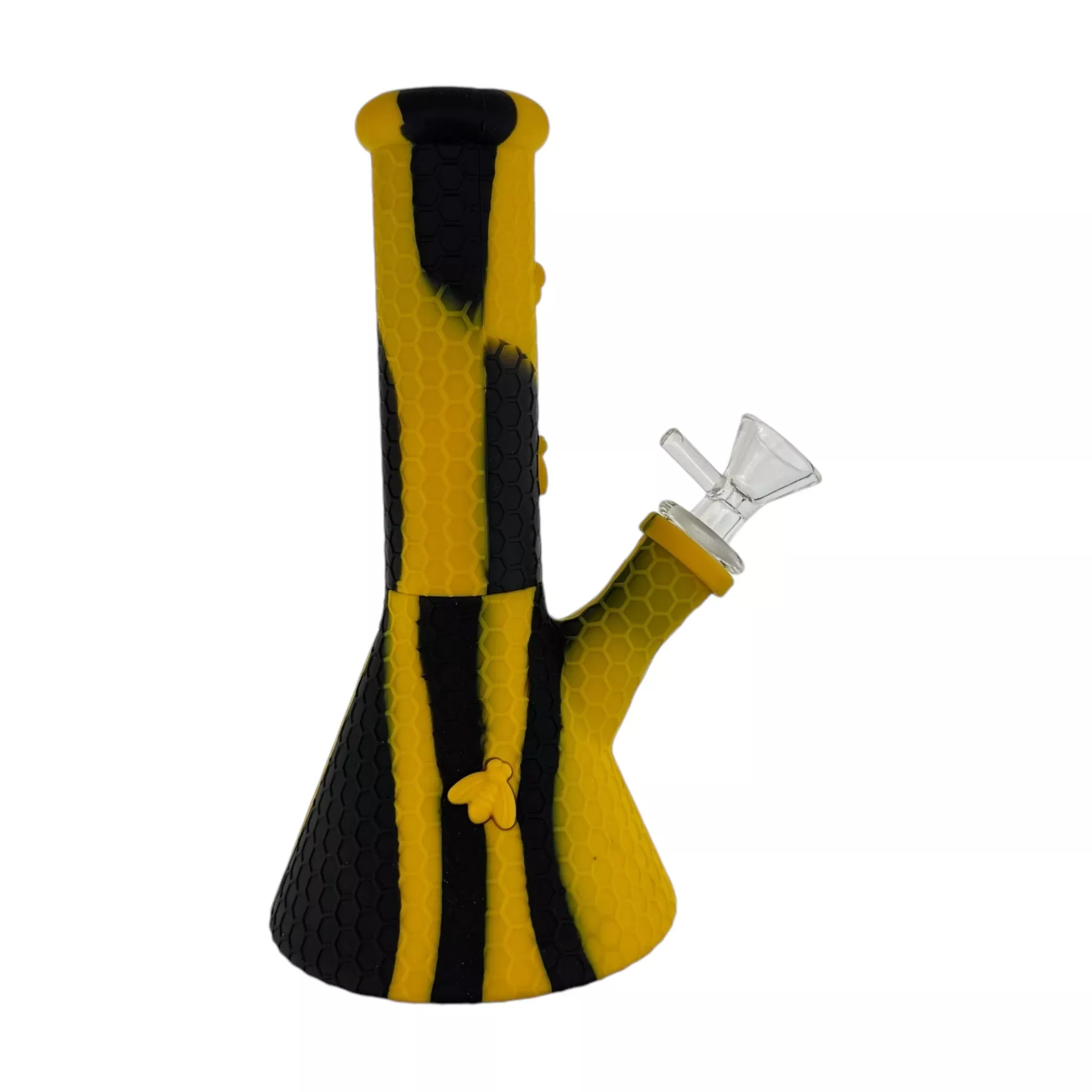 8 Inch Black And Yellow Camo Silicone Beaker Bong With Yellow Bee