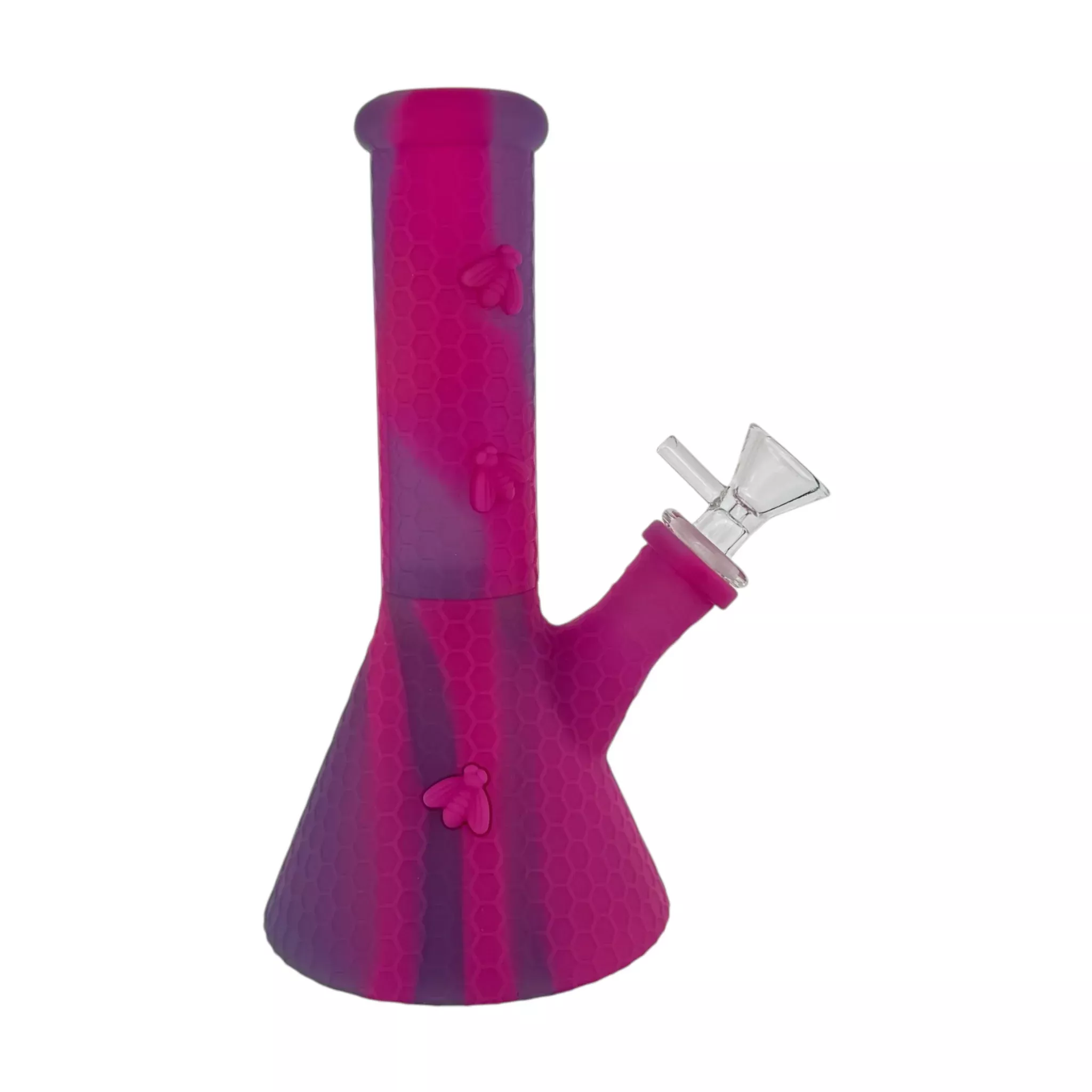 8 Inch Pink And Purple Camo Silicone Beaker Bong With Pink Bee