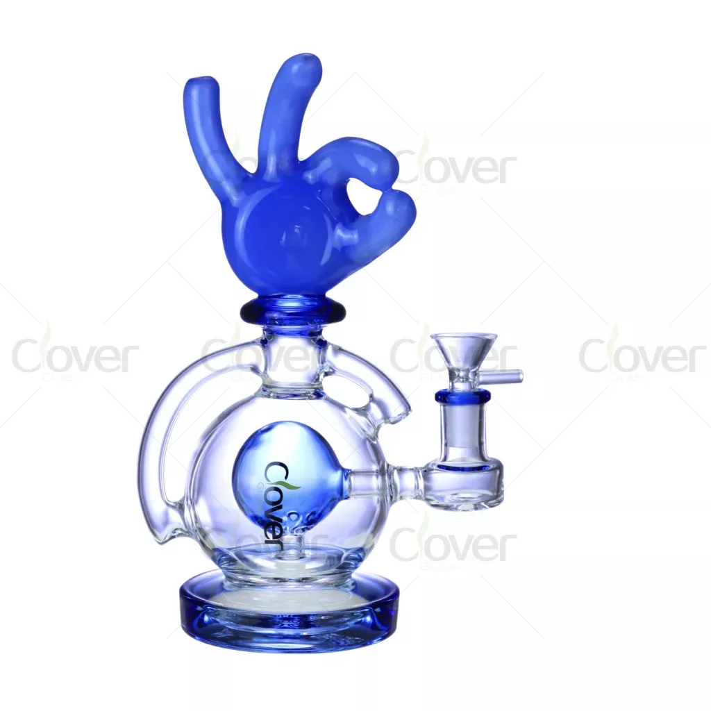 9.05″ Recycler Glass Bong with OK Hand Sculpture Top | 5mm Thick Colored Percolator Bong Wholesale