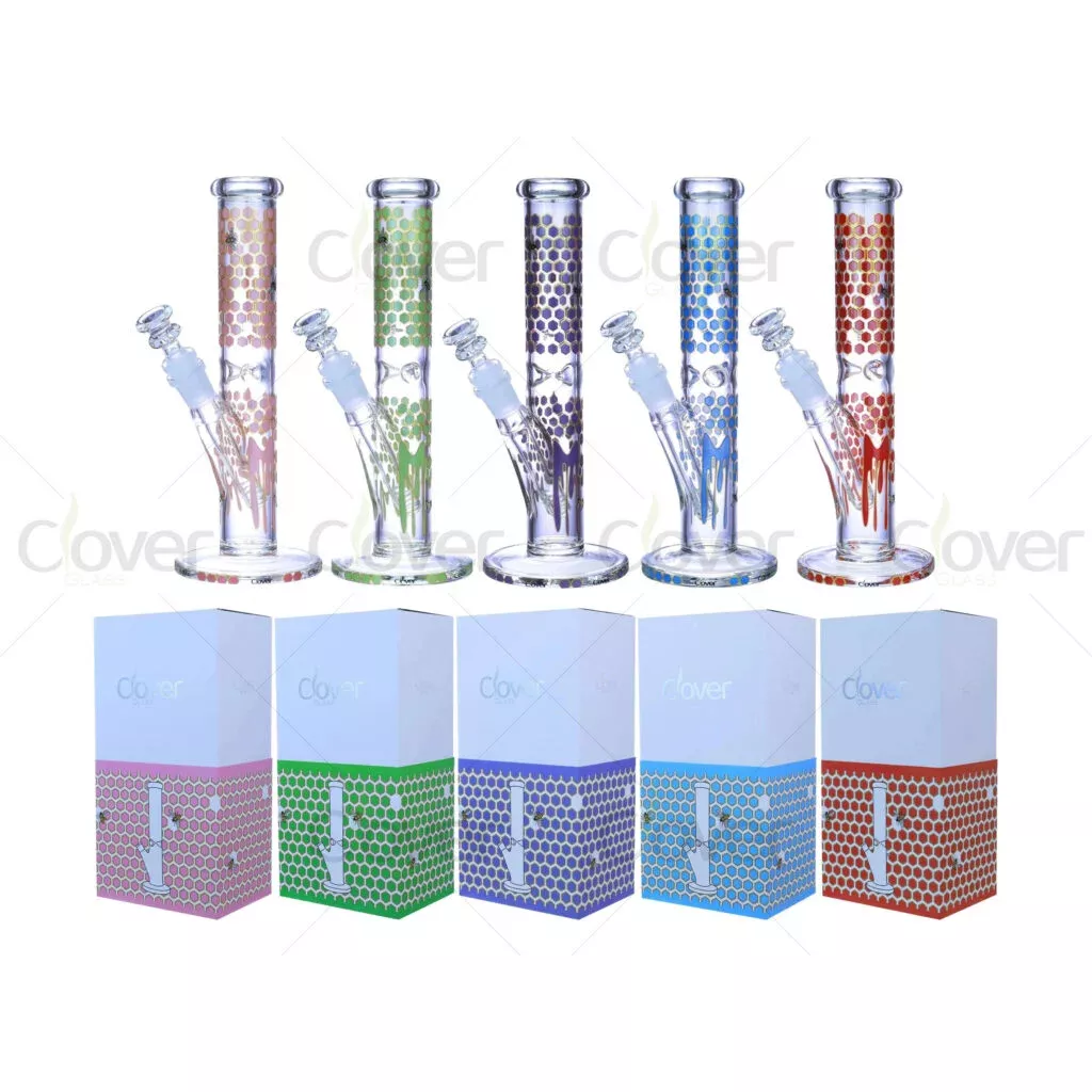9.84-Inch 14mm Female Glass Straight Tube Bong with Honeycomb Pattern – 5mm Thick