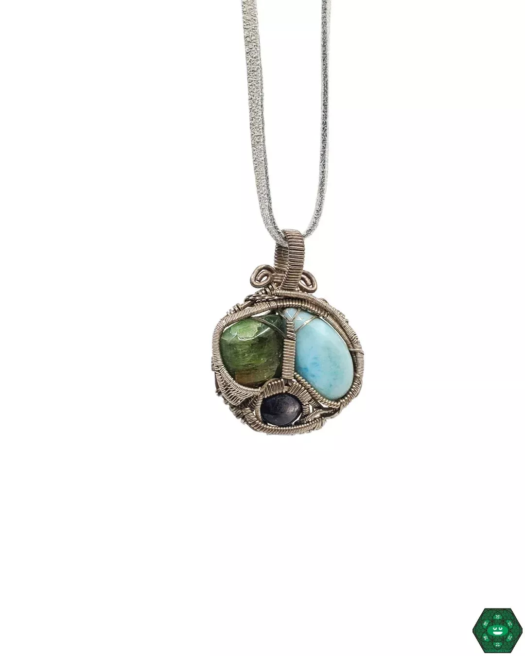 AM Glass Stone Wire Wrap Pendant - Unique Handmade Jewelry