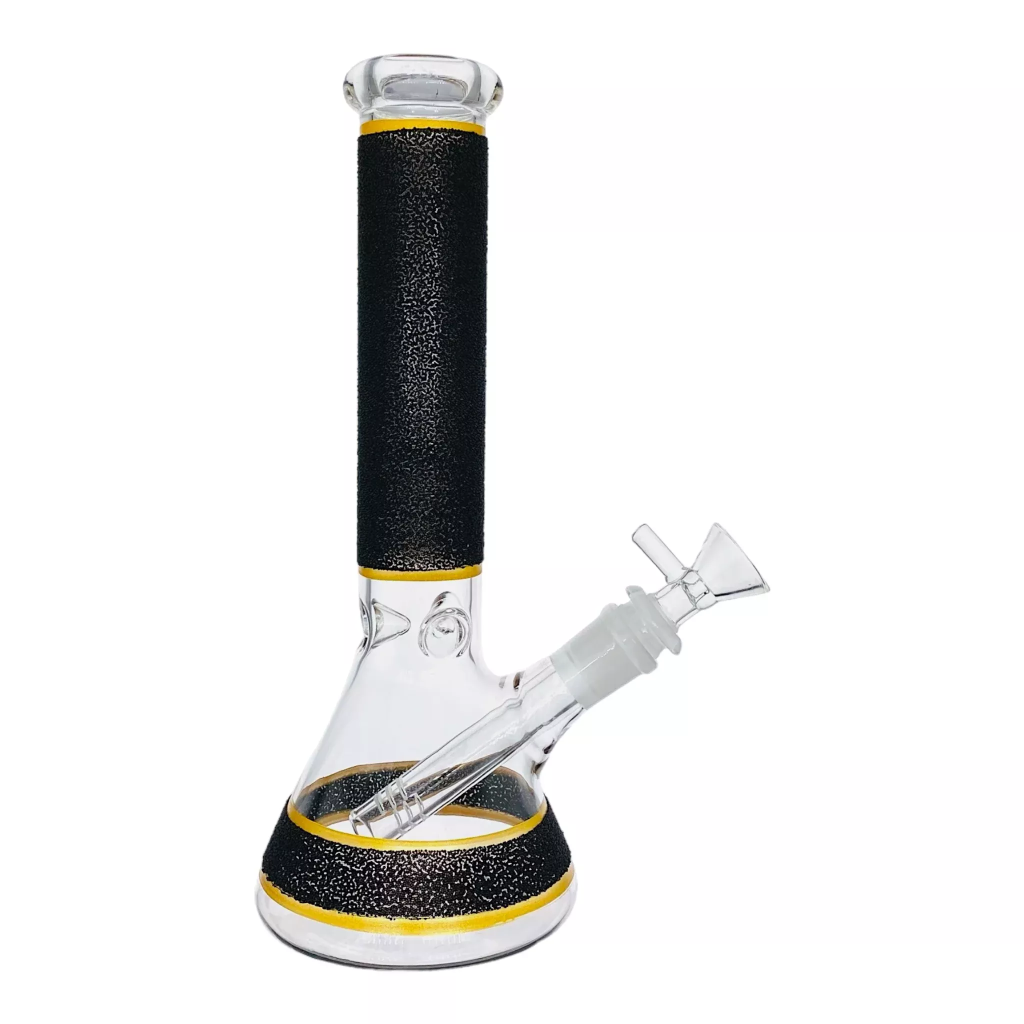 Beaker Glass Bong With Black Slag Frit And Gold Bands 10 Inch