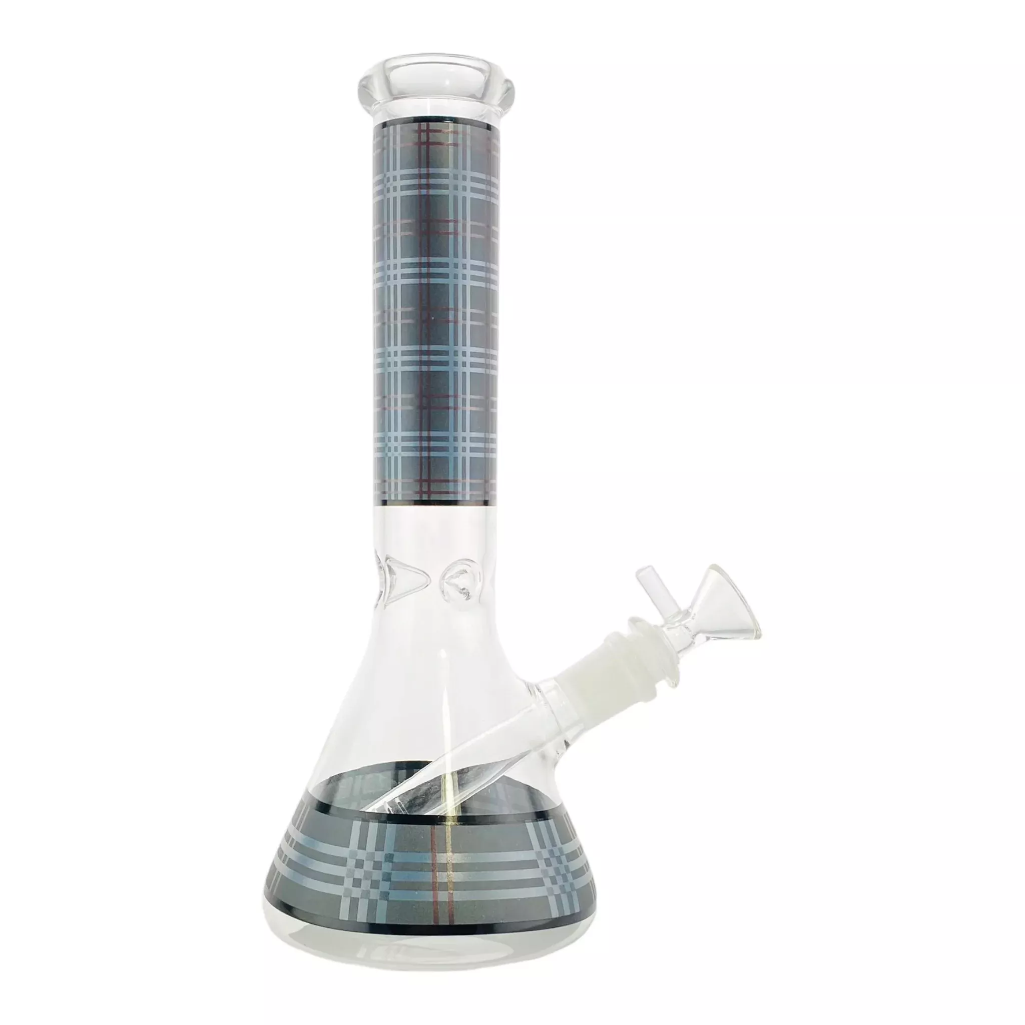 Beaker Glass Bong With Dark Gray And Blue Plaid 10 Inch