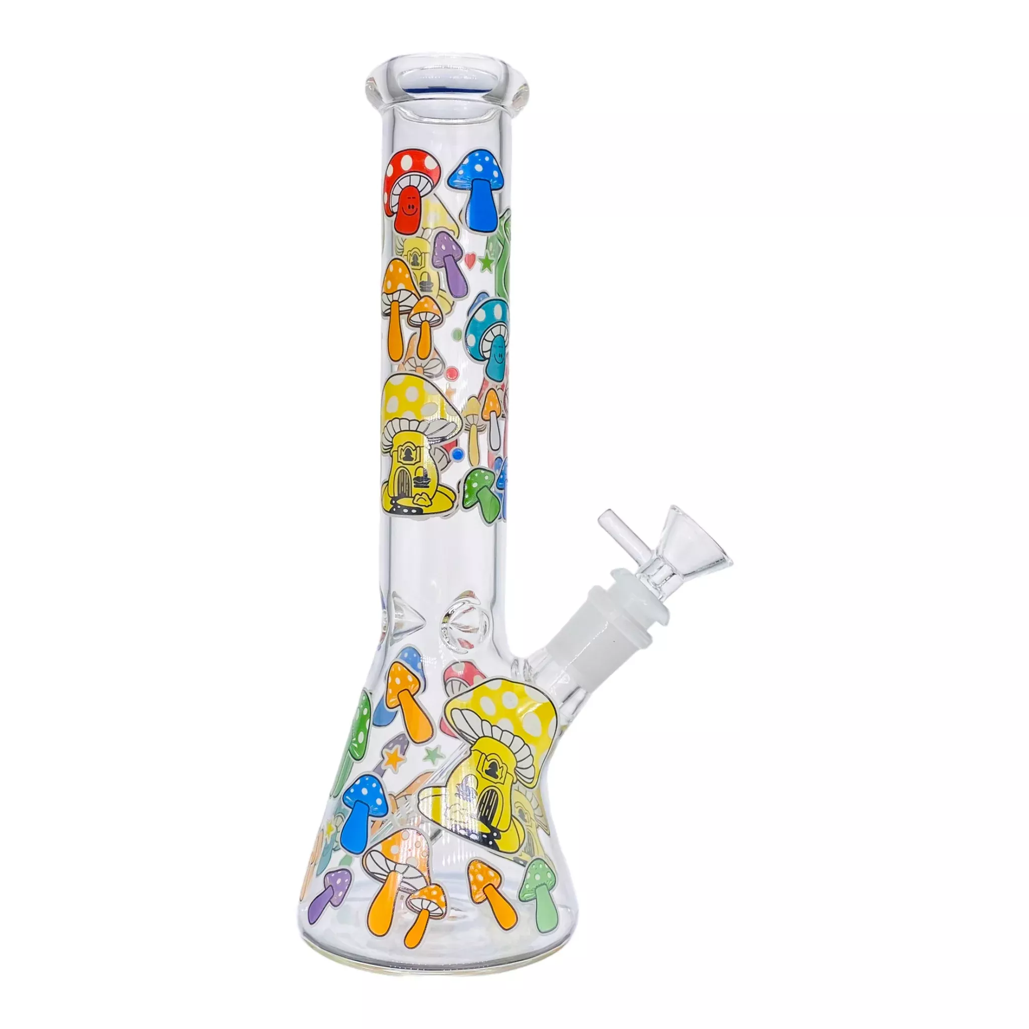 Beaker Glass Bong With Decorative Colorful Mushrooms 10 Inch