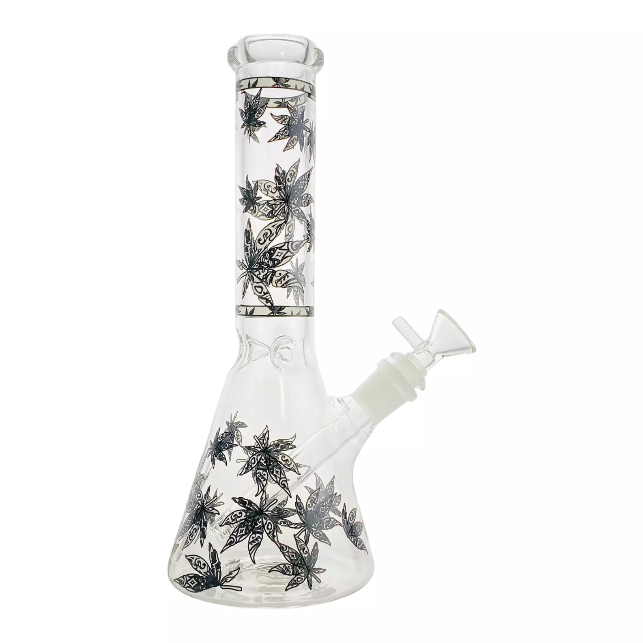 Beaker Glass Bong with Decorative Weed Leaves 10 Inch