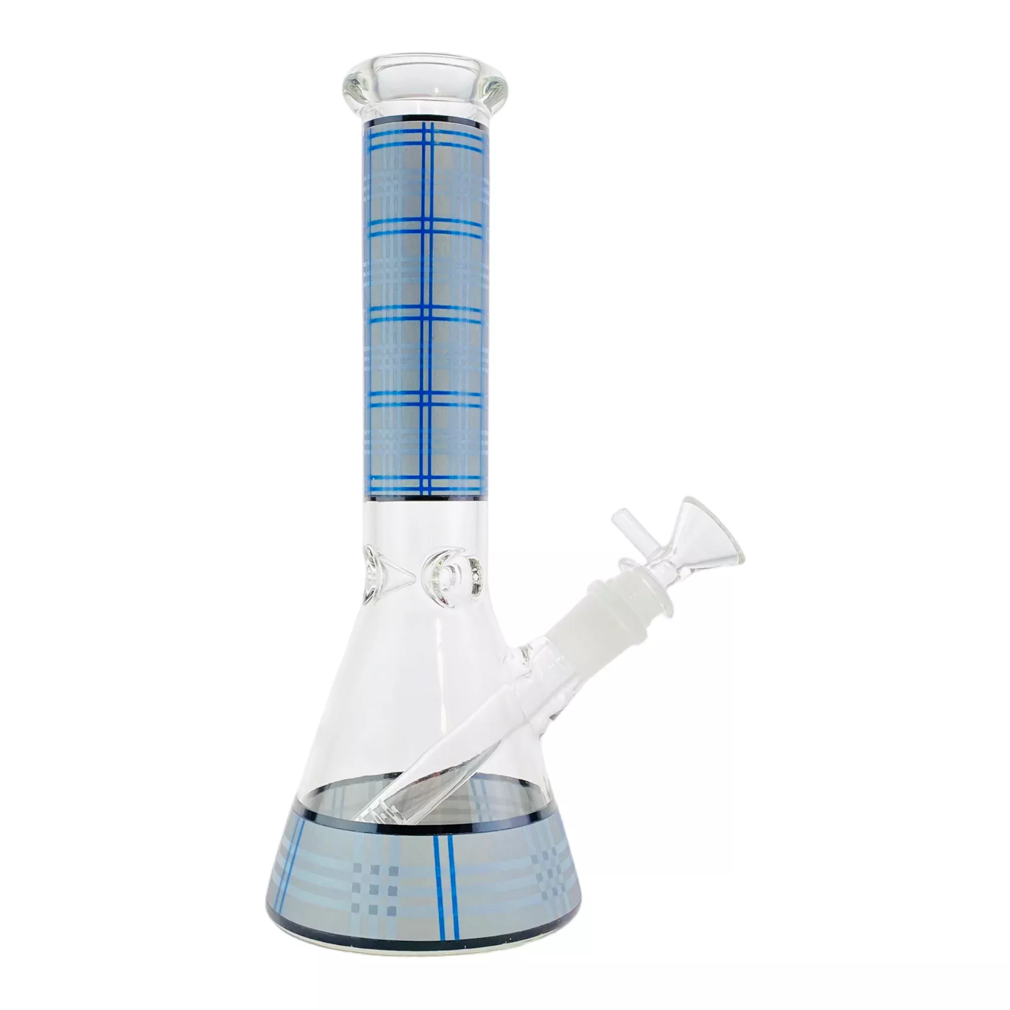 Beaker Glass Bong With Gray And Blue Plaid 10 Inch