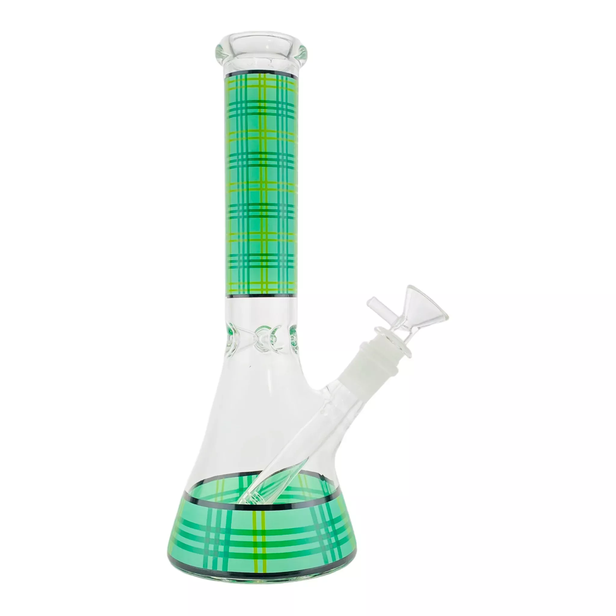 Beaker Glass Bong With Green And Blue Plaid 10 Inch