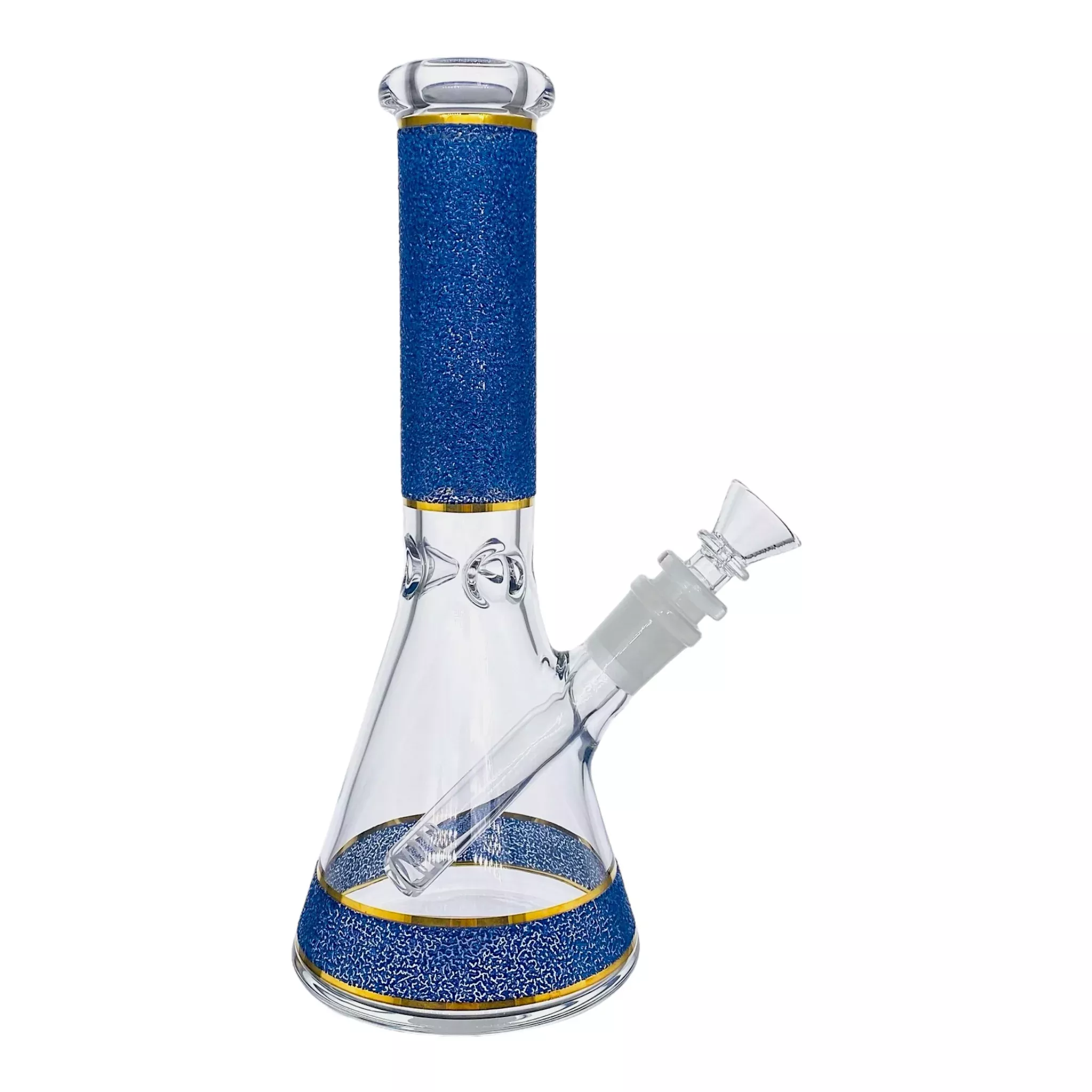 Beaker Glass Bong With Naruto Blue Slag Frit And Gold Bands 10 Inch