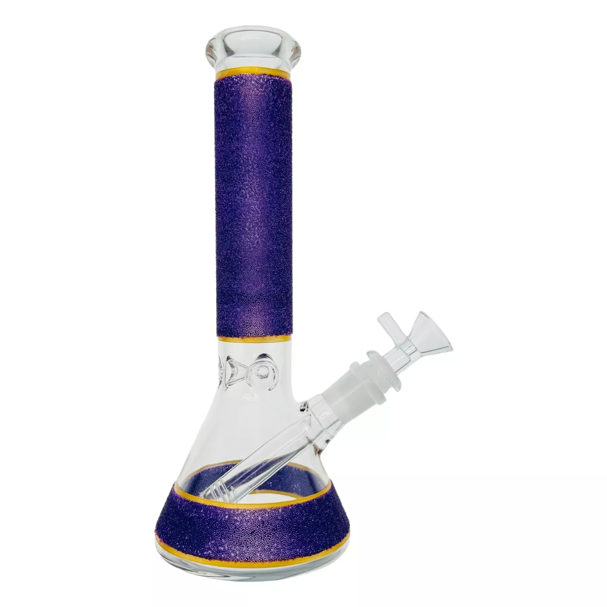 Beaker Glass Bong With Purple Slag Frit And Gold Bands 10 Inch