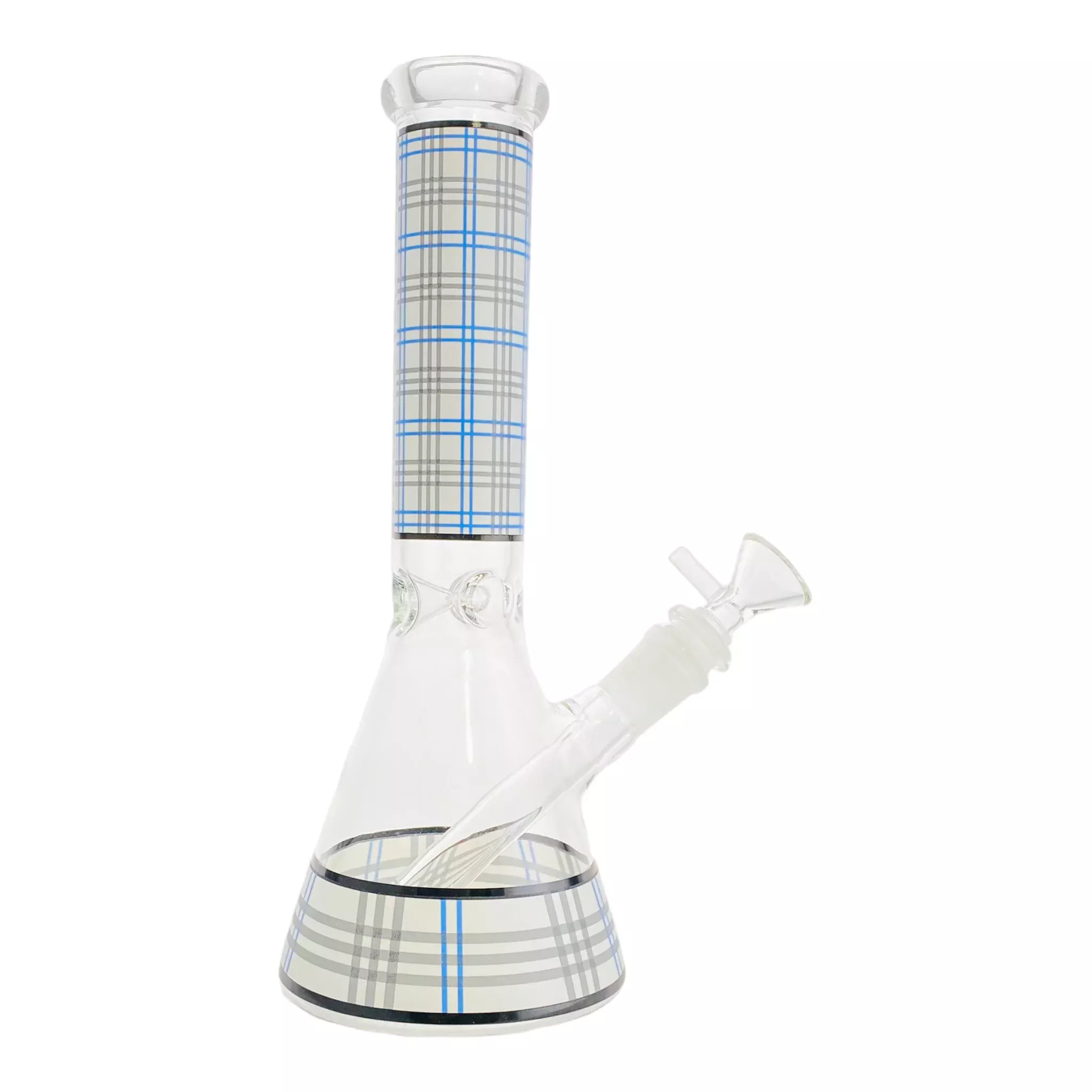 Beaker Glass Bong With White And Blue Plaid 10 Inch