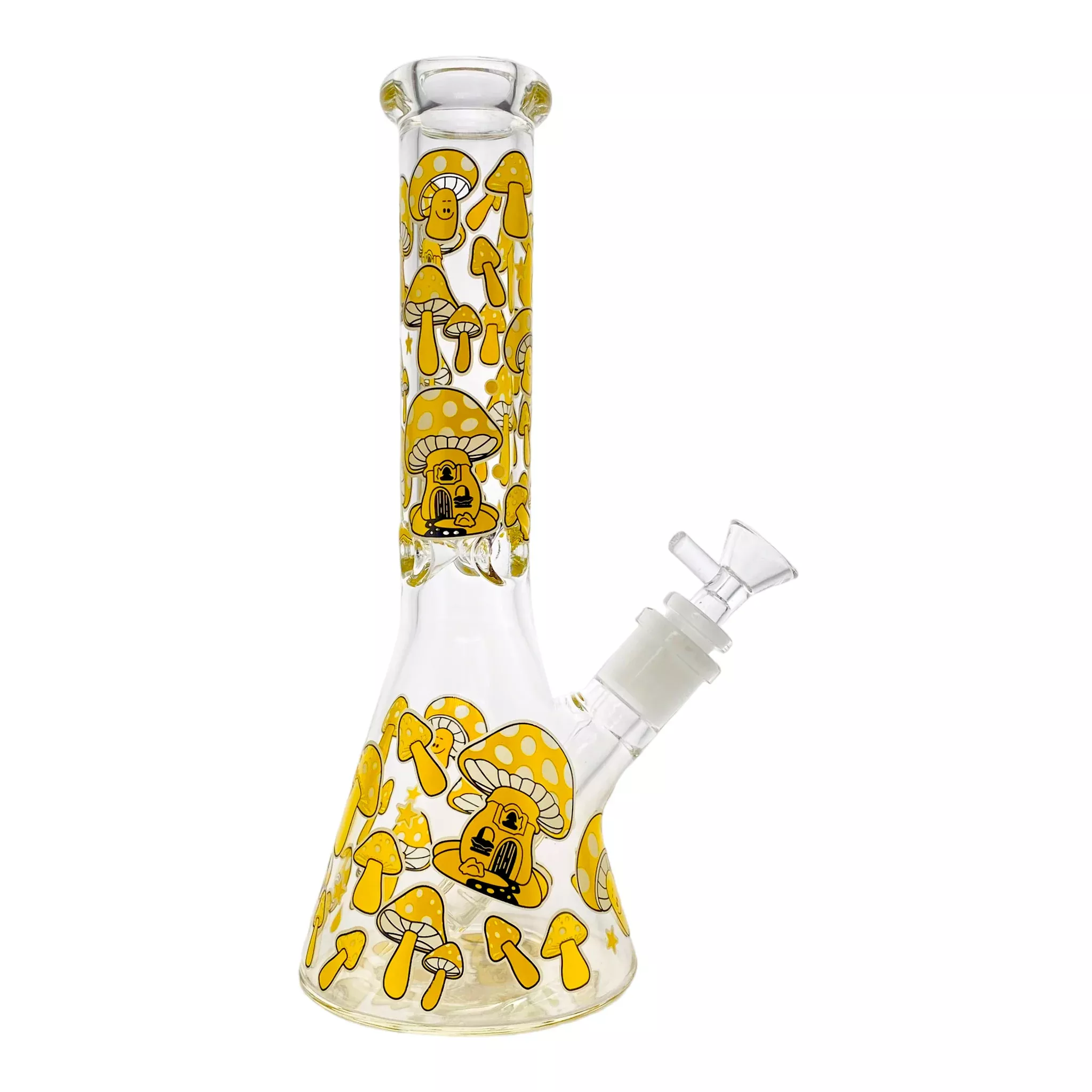 Beaker Glass Bong With Yellow Mushrooms 10 Inch