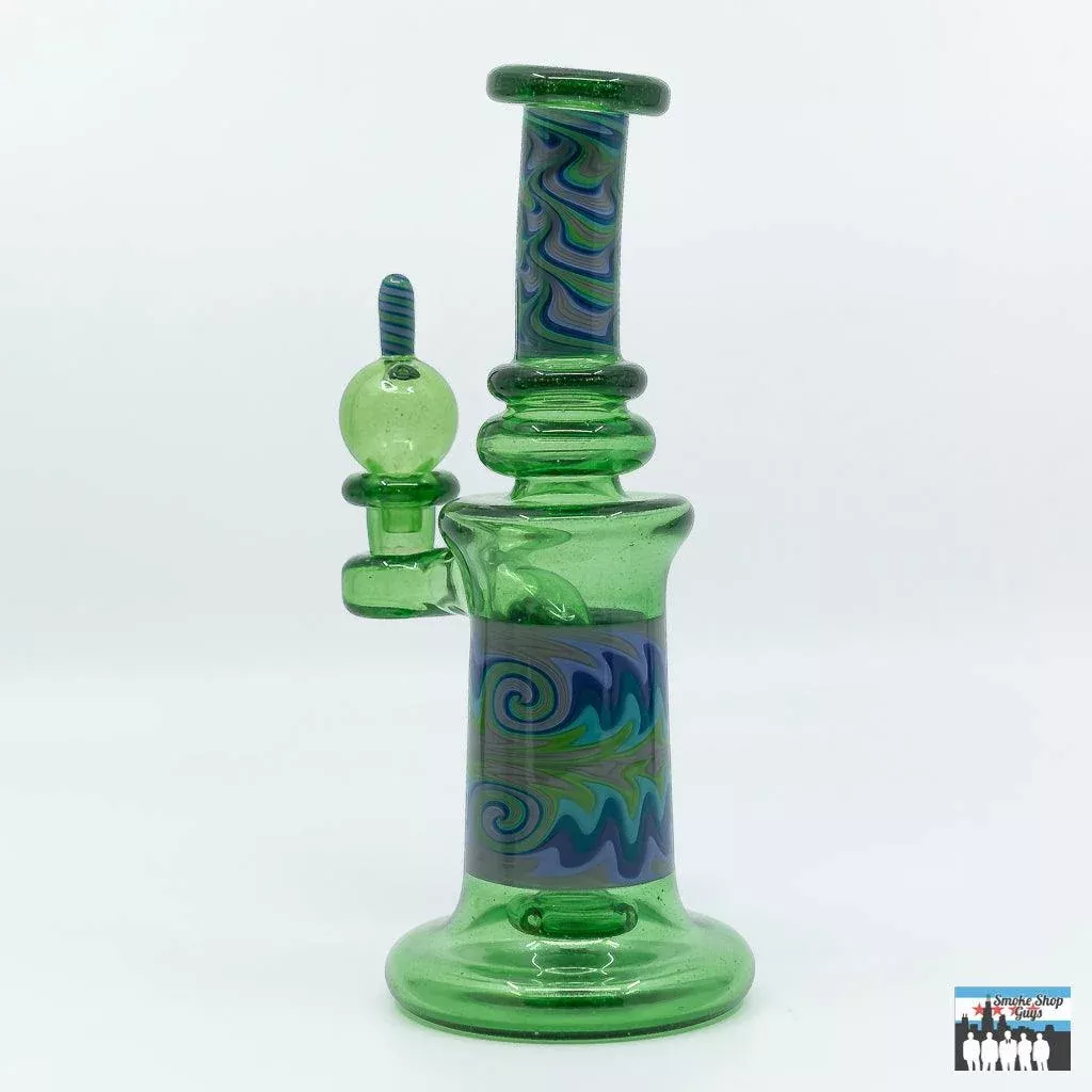 Bhomb Bhomb Worked Banger Hanger – Green Stardust & Gray Glass with Matching Bubble Cap