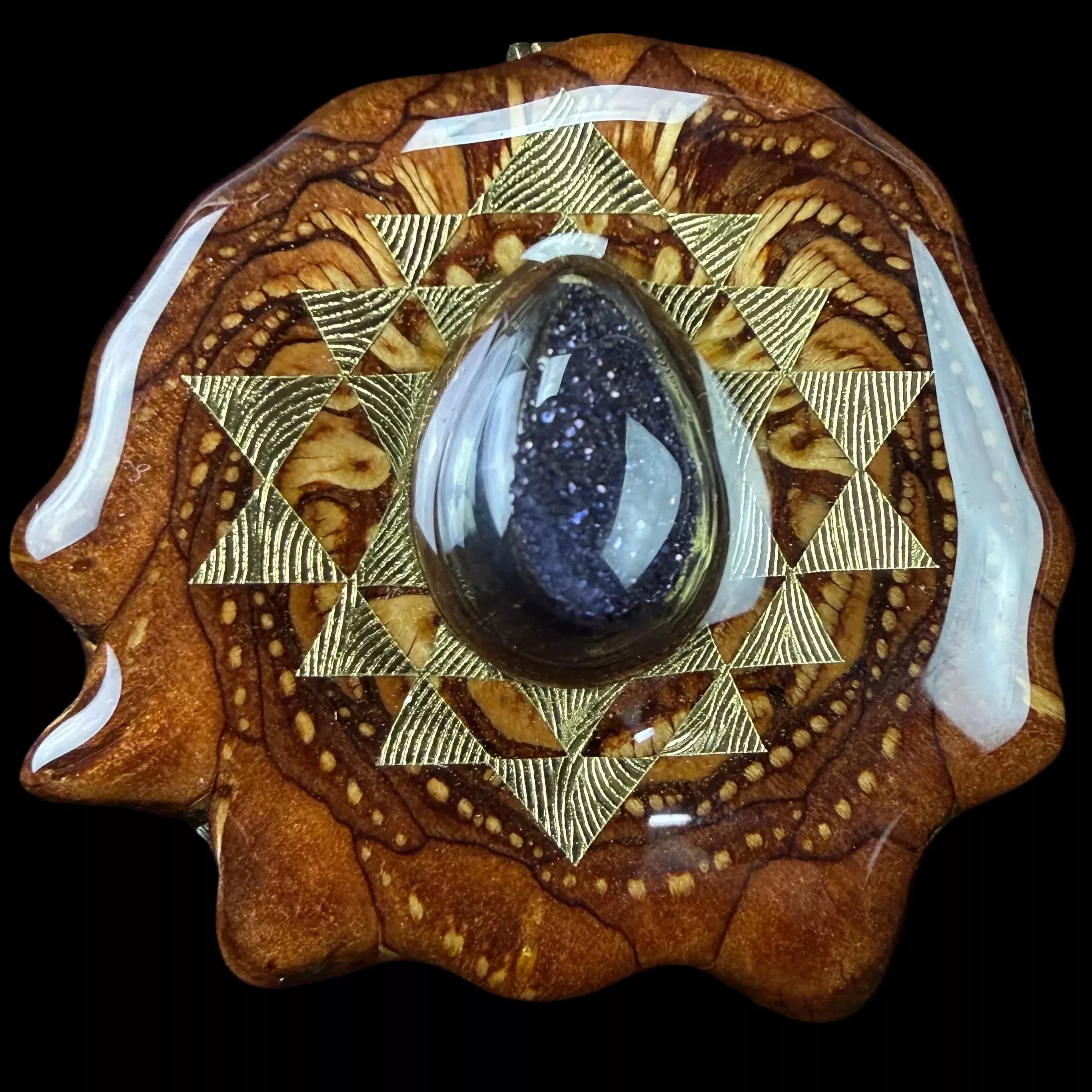 Black Druzy Quartz W/ Gold Sri Yantra Pendant by Third Eye Pinecones