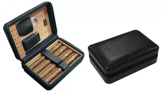 Black Ostrich Motif Leather 4 Cigar Travel Humidor case with Accessories