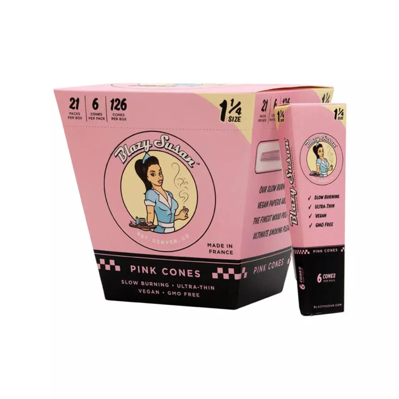 Blazy Susan Pink Pre-Rolled Cones – 1 1/4 Size (21pk Box / 126 Count)