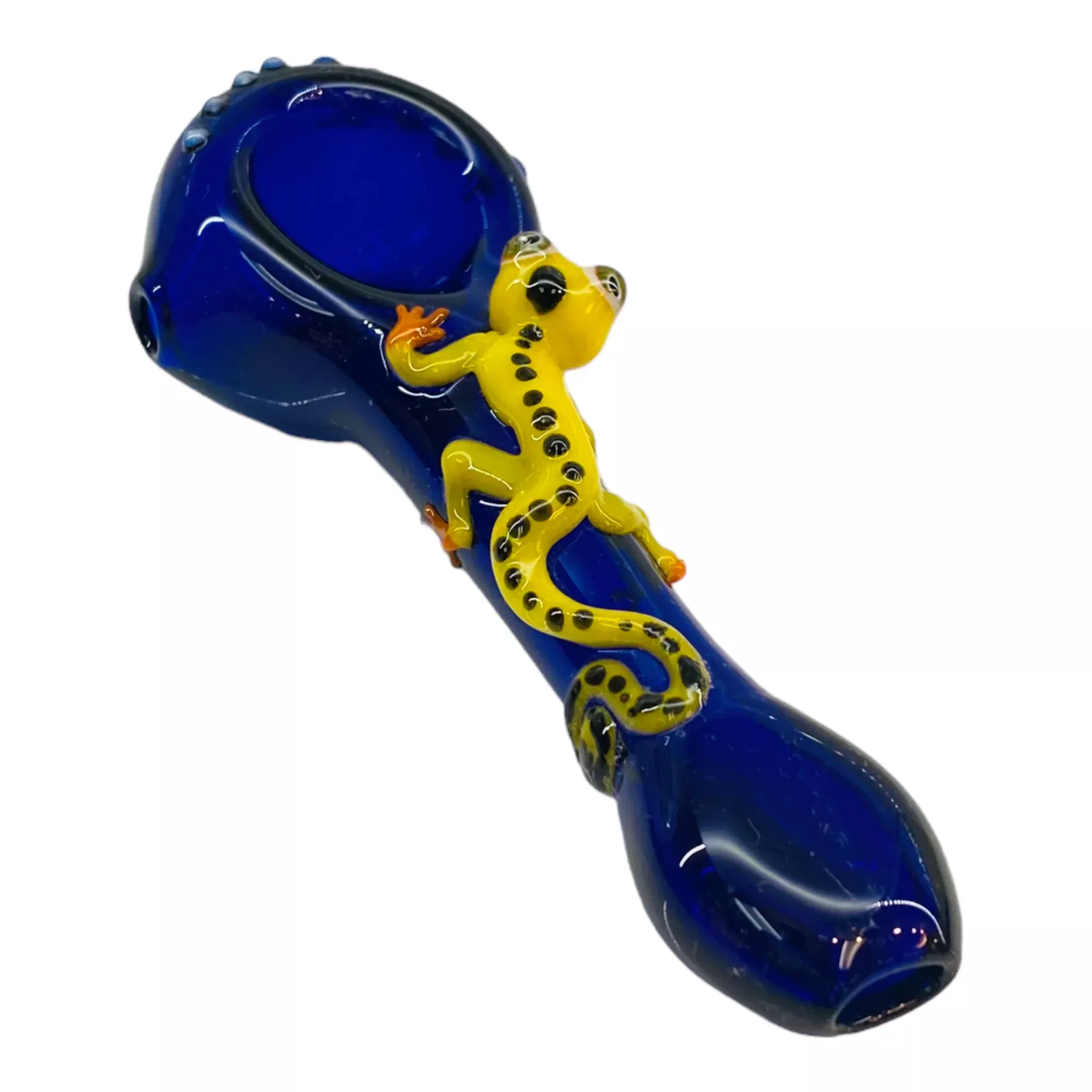 Blue Glass Hand Pipe With Small Cute Yellow Gecko Lizard