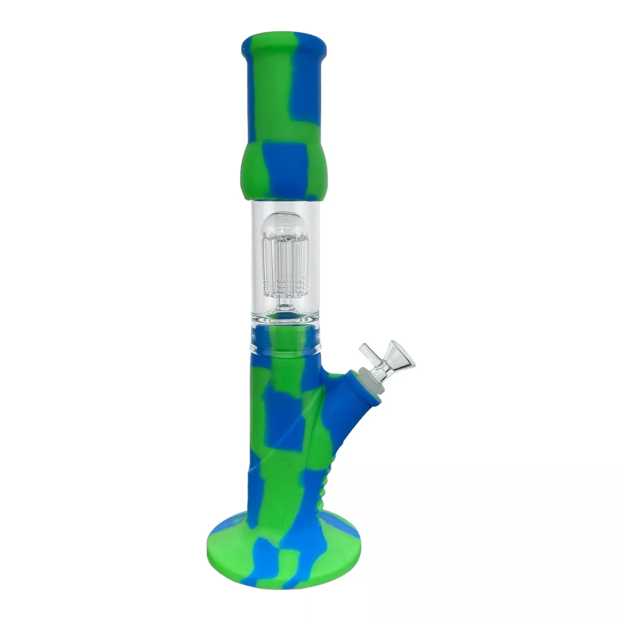 Blue and Green Silicone Straight Tube Bong With Glass Perc 12 Inch