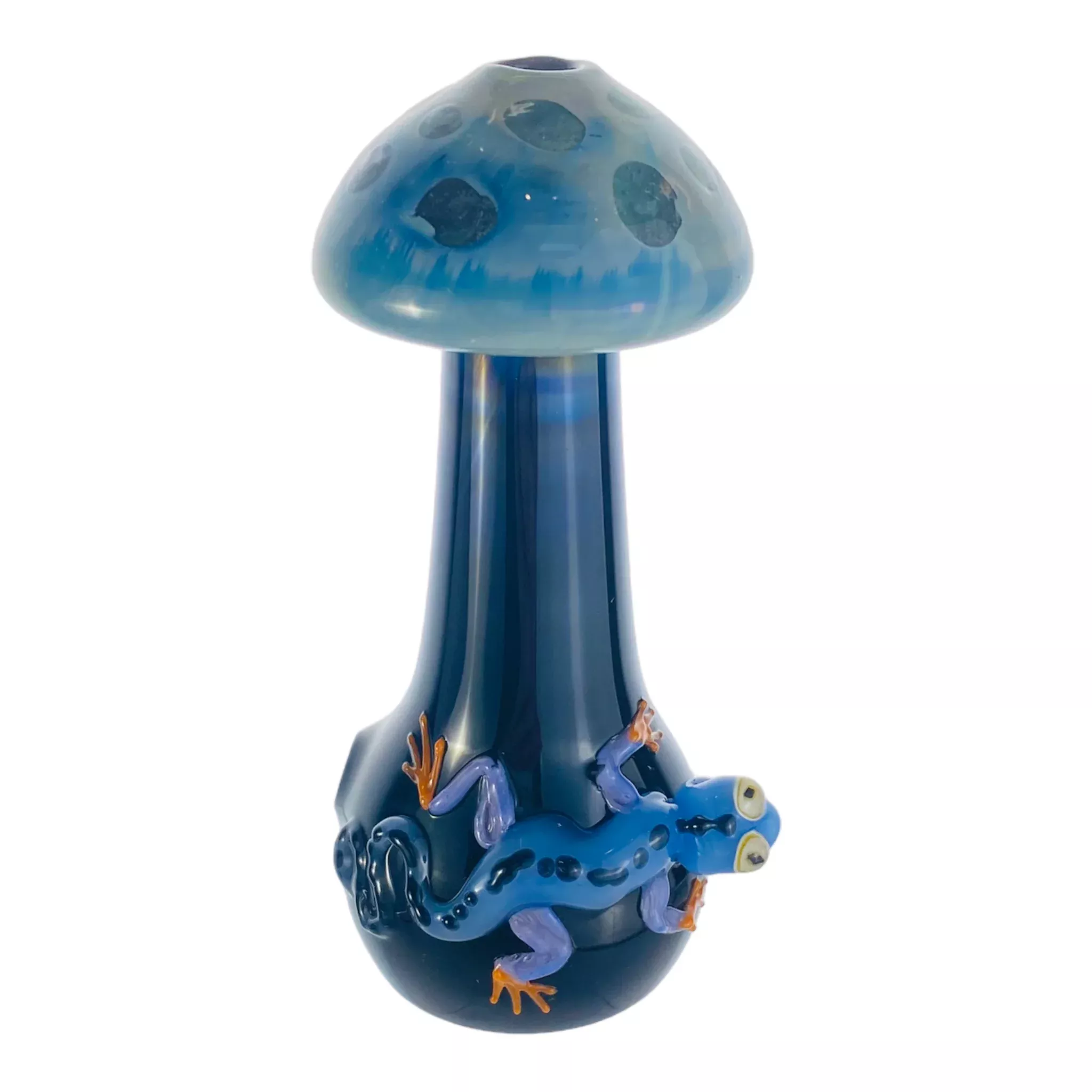 Blue Mushroom Shaped Glass Hand Pipe With Blue Gecko On Side
