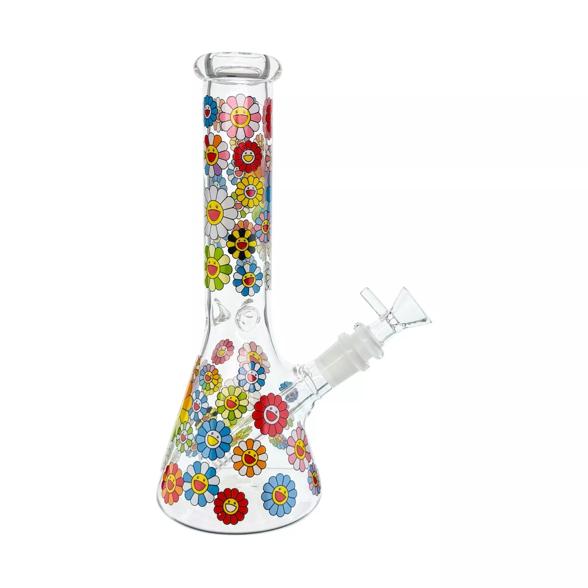 Clear Beaker Glass Bong With Happy Smiling Daisy Flowers 10 Inch