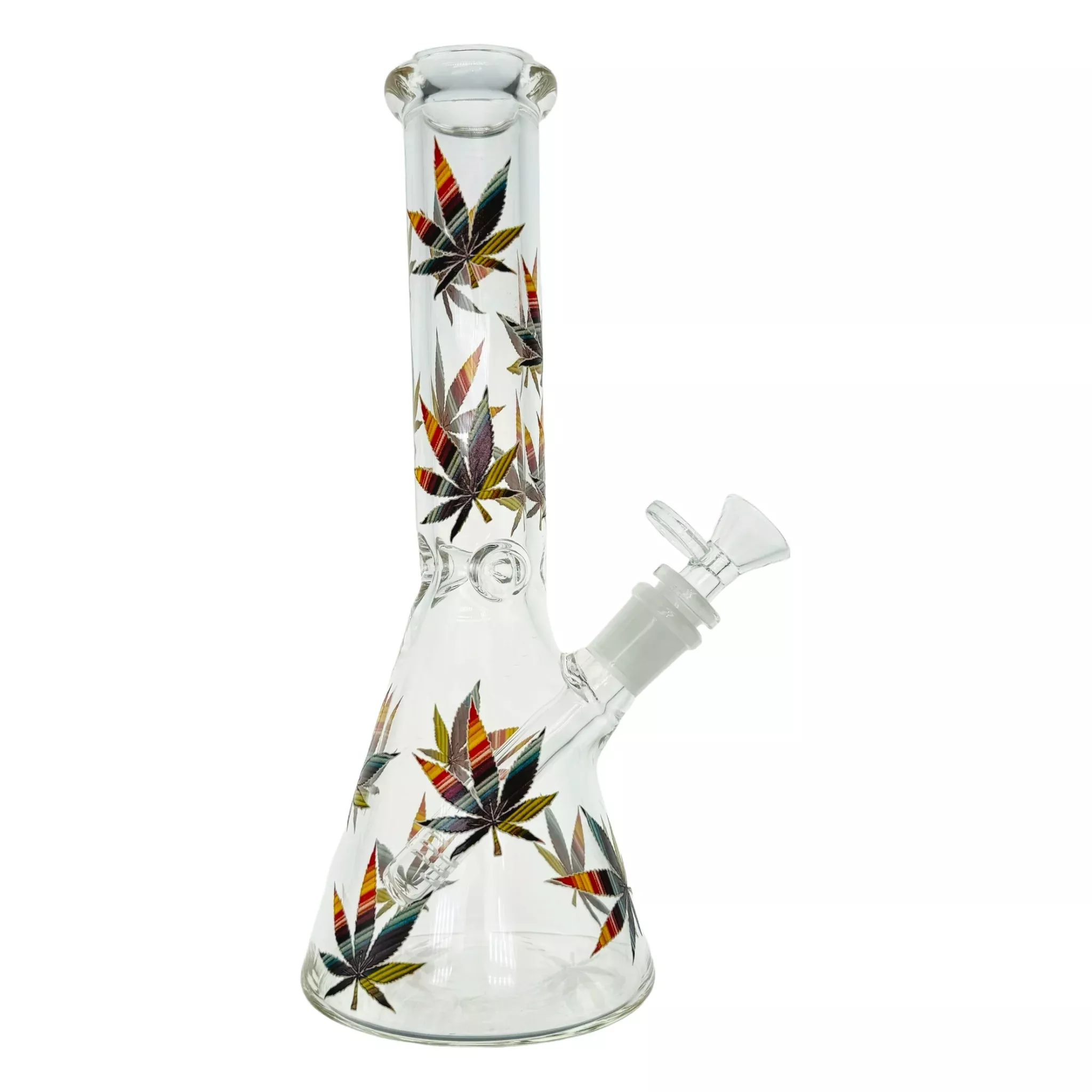 Clear Beaker Glass Bong With Multi Color Leaves 10 Inch
