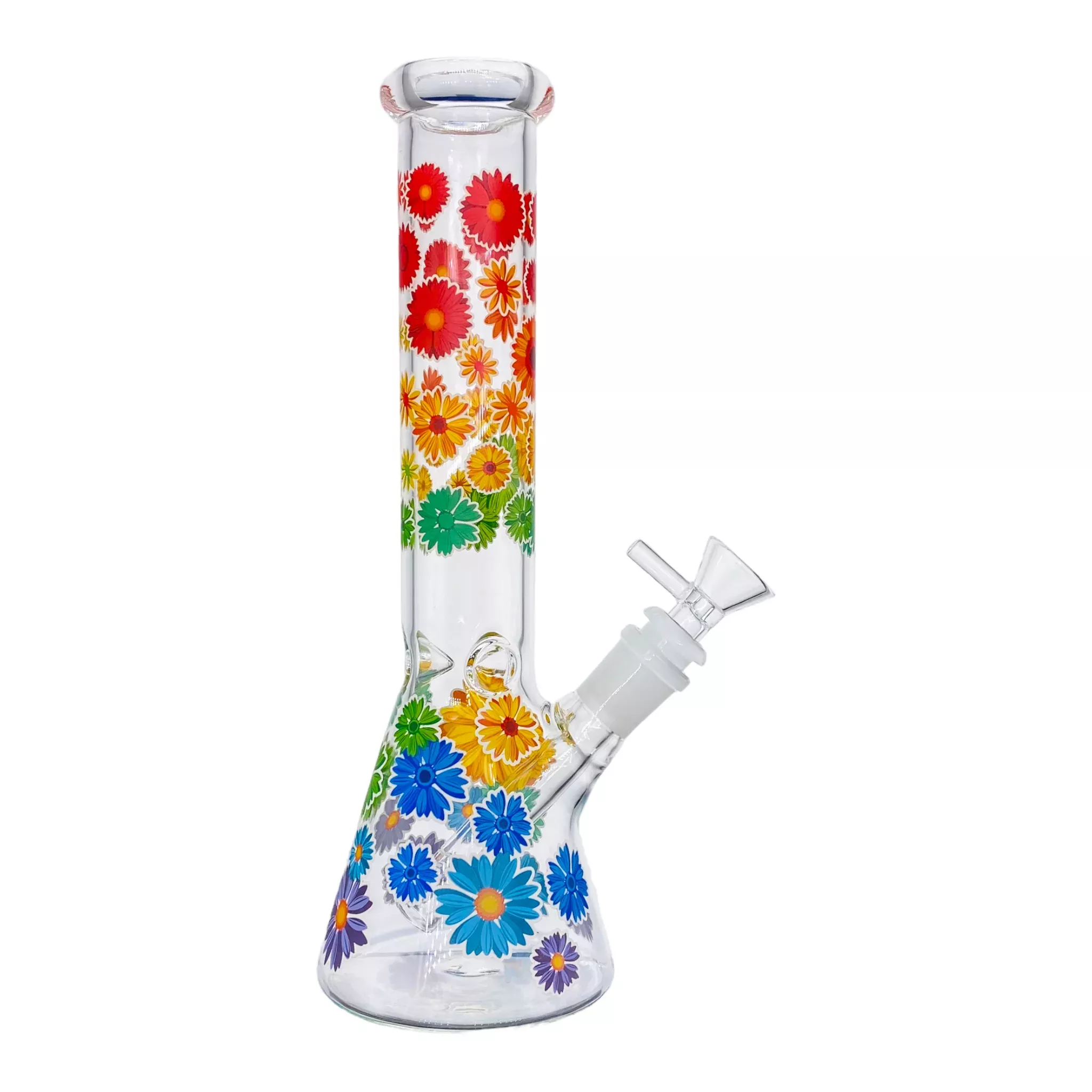 Clear Beaker Glass Bong With Rainbow Daisy Flowers 10 Inch
