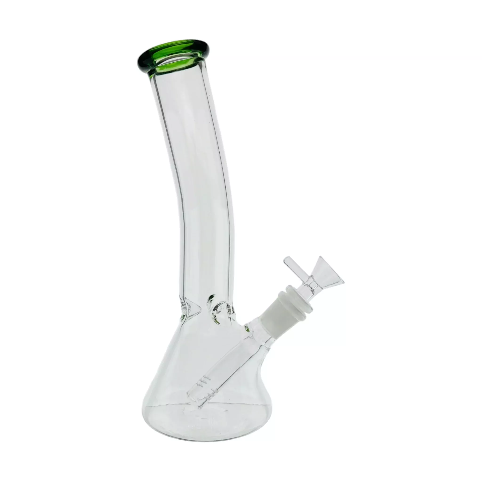 Clear Beaker Glass Water Pipe Bong With Bent Neck And Green Mouthpiece