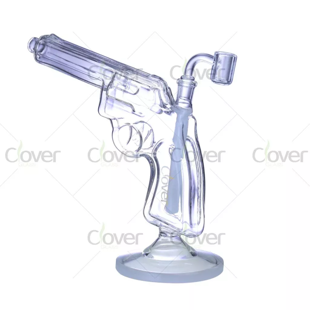 Clover Glass Gun-Shaped Dab Rig – 7.87″ Height, 14mm Joint, 5mm Thick, Unique Pistol Design